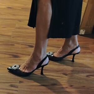 Brand New Nine West Black Kitten Heel Slingbacks with Embellished Toe